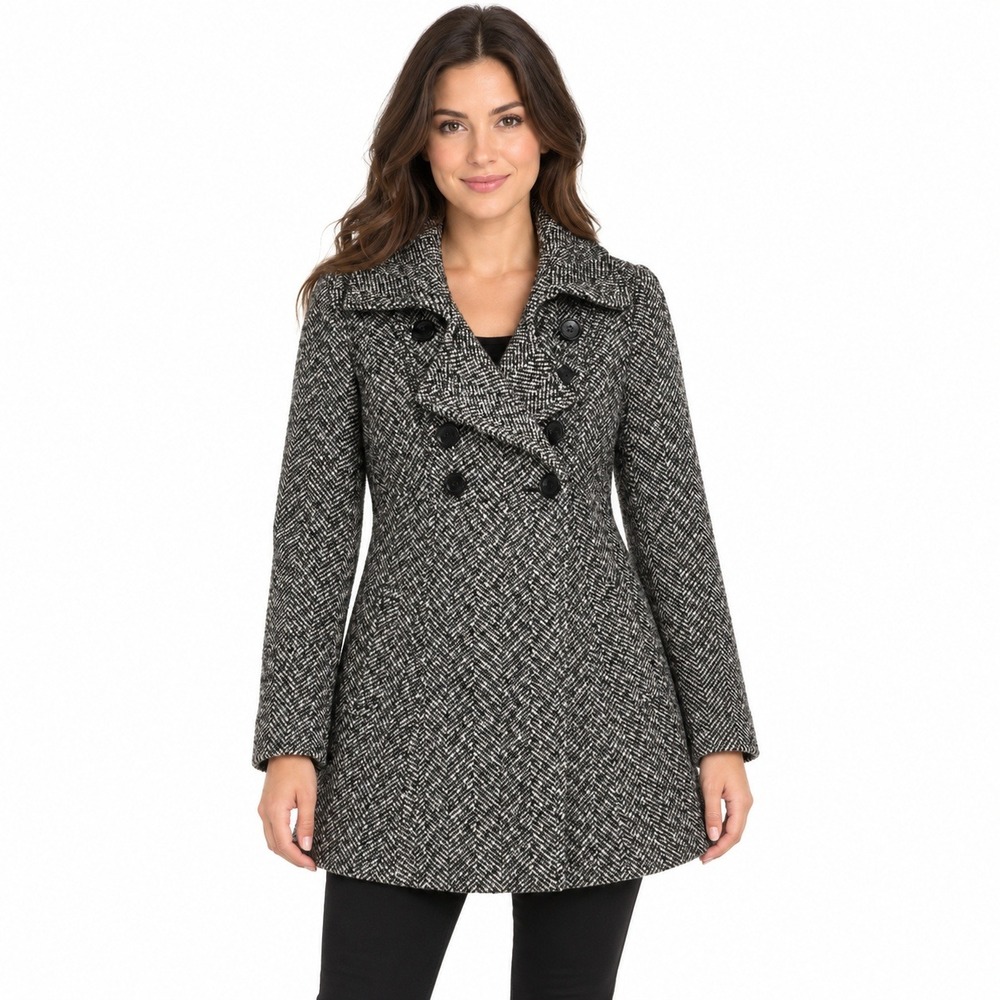 Guess Pea Coat Women S Black White Herringbone Wool Blend Double Breasted Coat